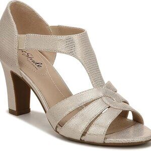 NWT - LifeStride Platinum Color Caramel Sandal Peep Toe Mid Heel Shoes